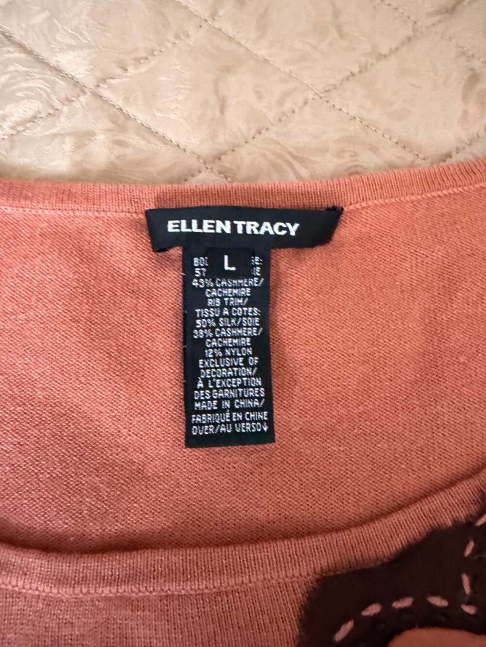 Ellen Tracy Cashmere & Silk Blend Floral Embroidered Sweater – Size L - Picture 4 of 5